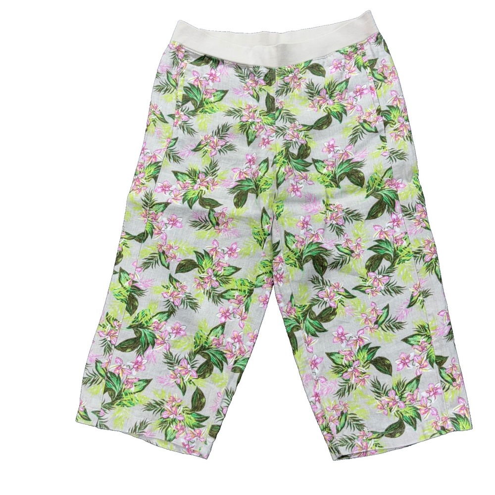 J Jill Pants Womens M Petite Linen Crop Floral Print Capris Coastal Resort